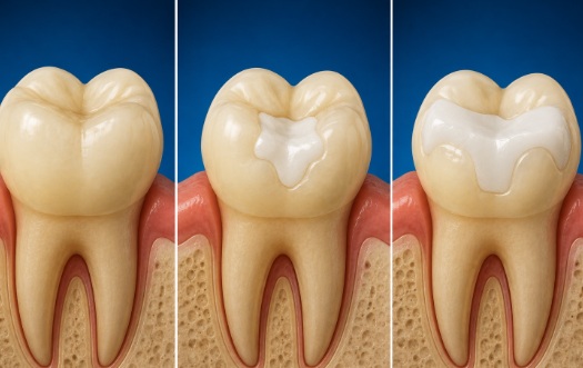 Dental model showing a filling, crown, and onlay used to repair damaged teeth