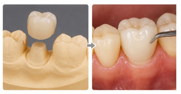 Close-up of a dental crown being placed on a tooth to restore strength and function