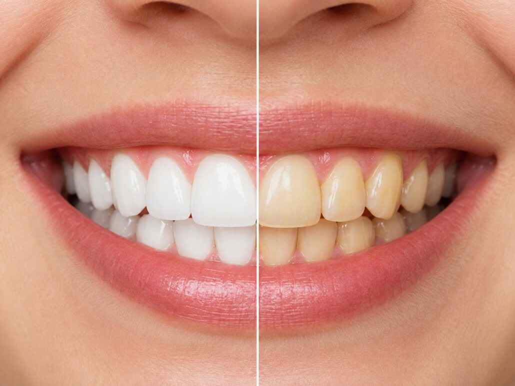 Close-up of natural teeth showing how lighting, plaque, and stains can affect tooth colour