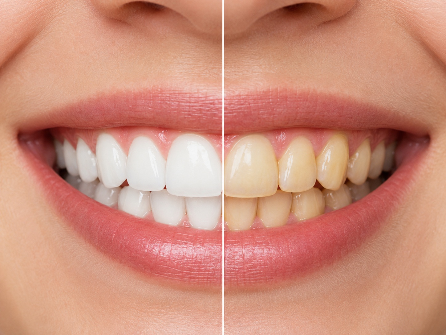 Close-up of natural teeth showing how lighting, plaque, and stains can affect tooth colour
