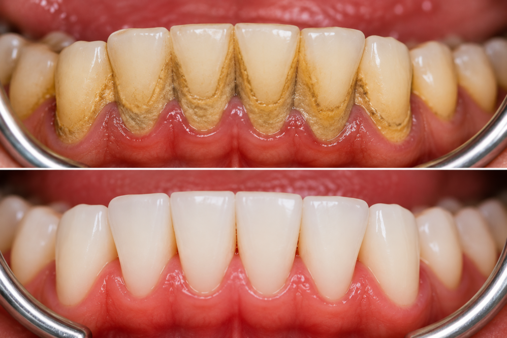 Before and after dental cleaning. Dental tartar