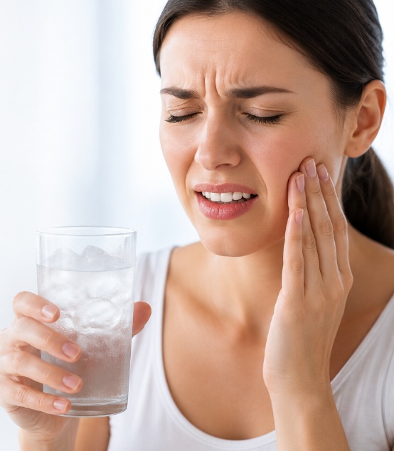 Person reacting to a sharp tooth twinge after eating something sweet